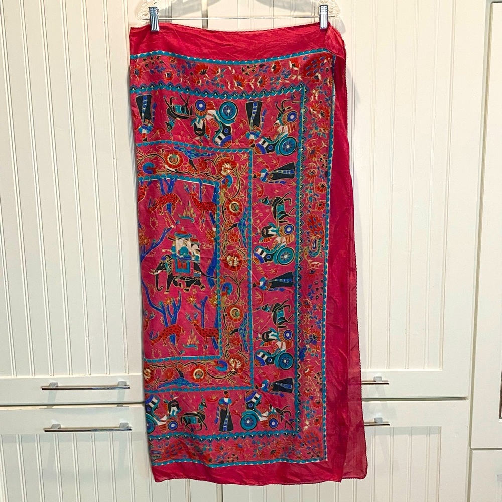 Large Vintage Folk Print Silk Scarf/Wrap on Raspberry Background